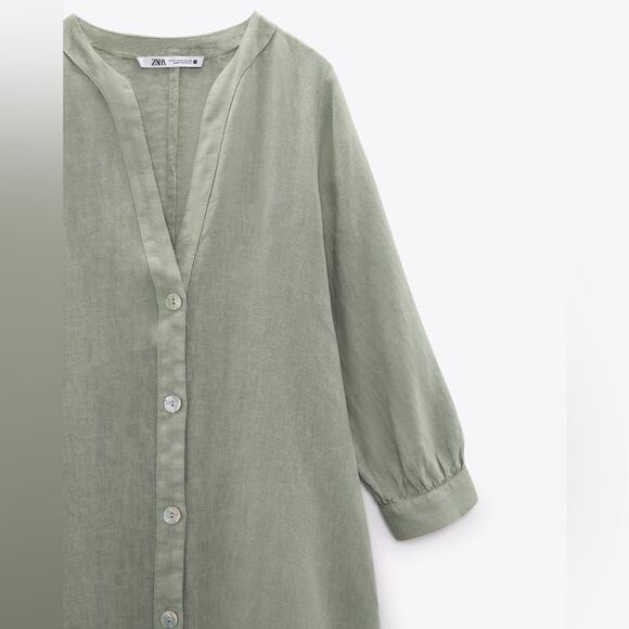 Zara 100% Linen Dress Pockets Khaki - Picture 3 of 11